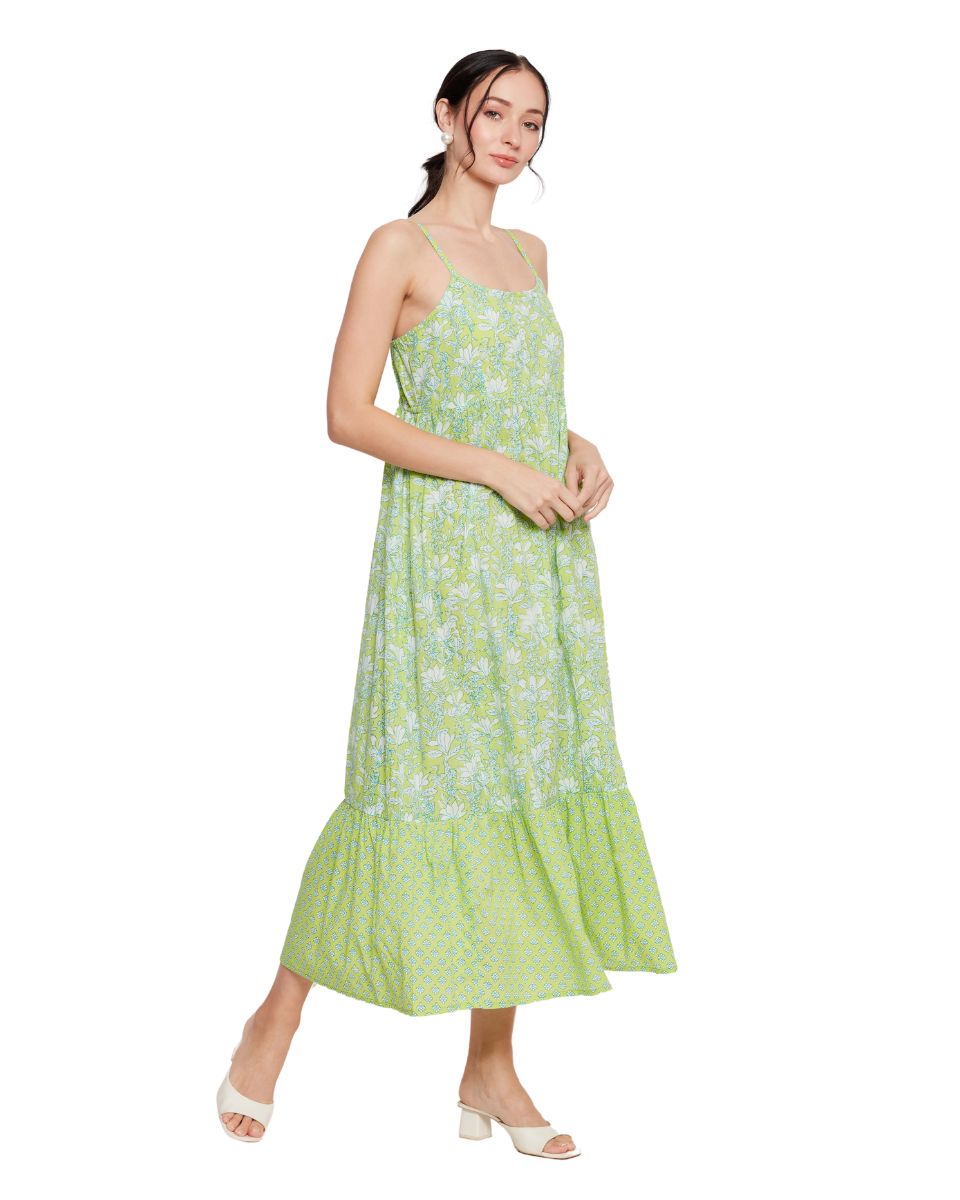 Floral Printed Neon Green Women Midi Dress for Party