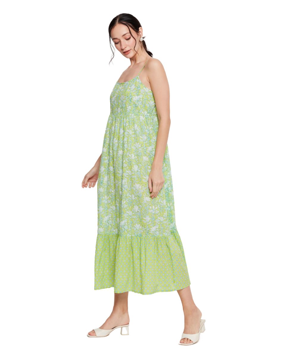 Floral Printed Neon Green Women Midi Dress for Party