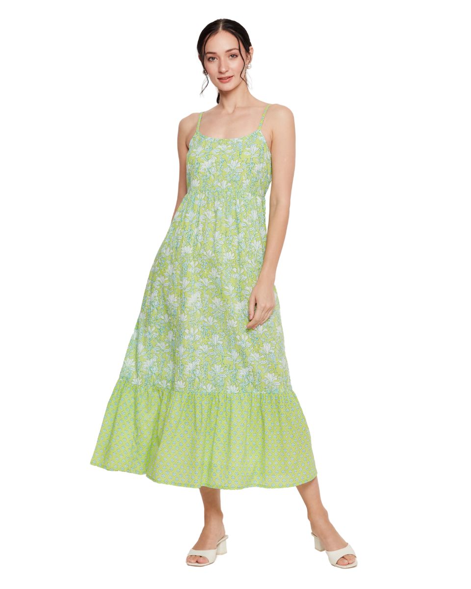 Floral Printed Neon Green Women Midi Dress for Party S