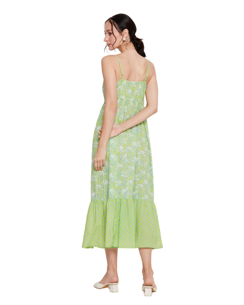 Floral Printed Neon Green Women Midi Dress for Party