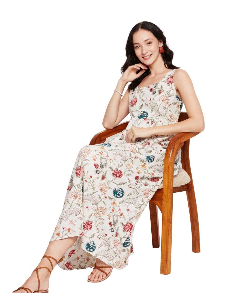 Floral Printed Off-White A line Maxi Length Women Dress