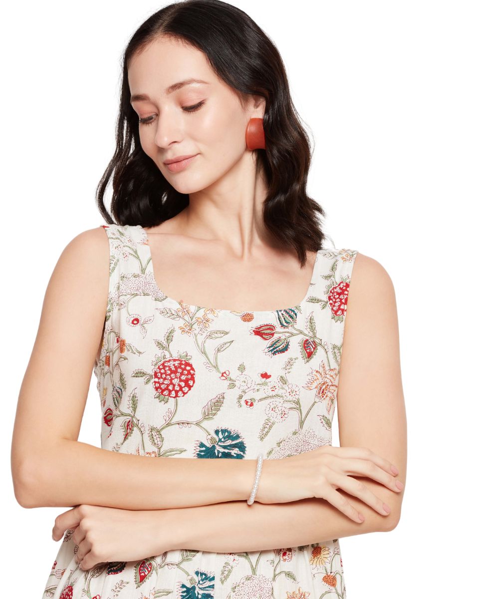 Floral Printed Off-White A line Maxi Length Women Dress