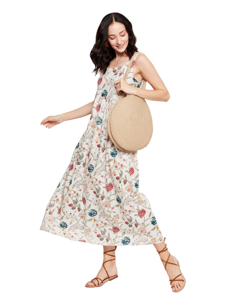 Floral Printed Off-White A line Maxi Length Women Dress