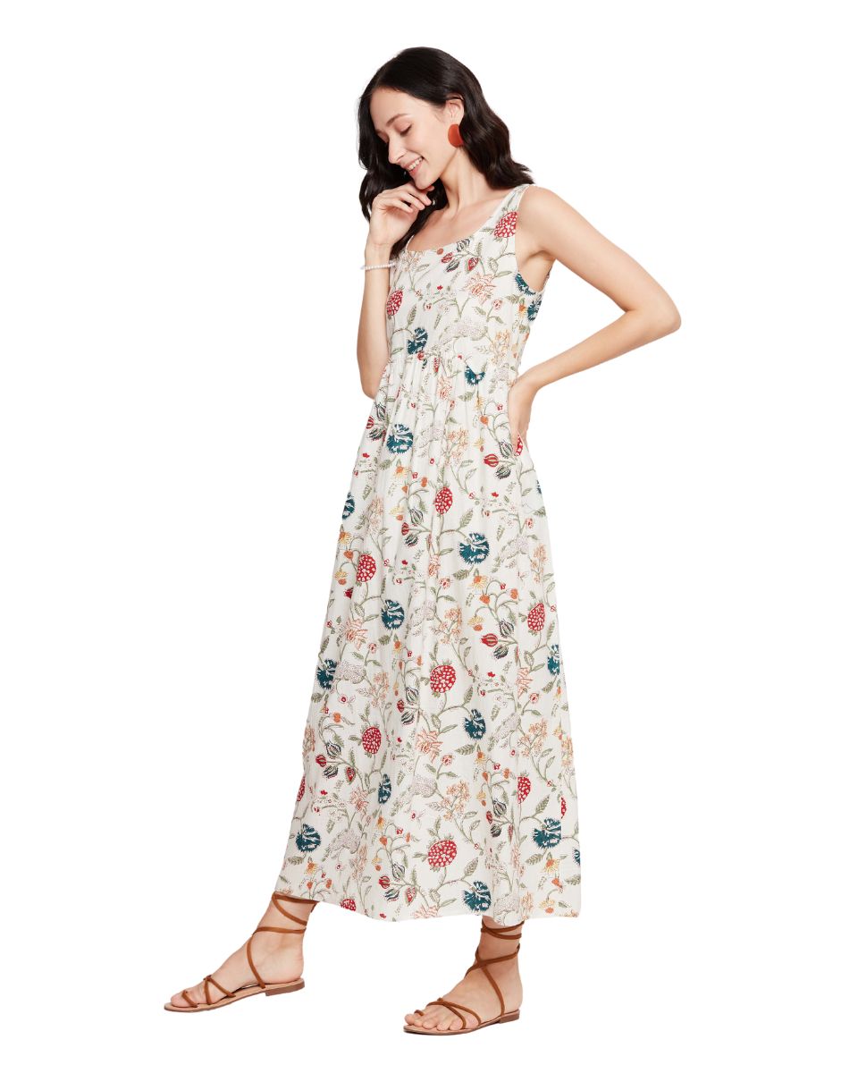 Floral Printed Off-White A line Maxi Length Women Dress