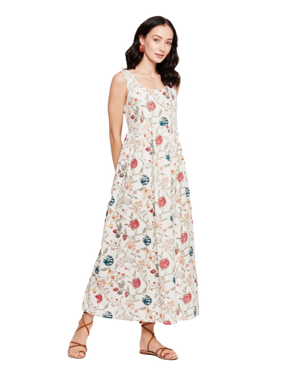 Floral Printed Off-White A line Maxi Length Women Dress