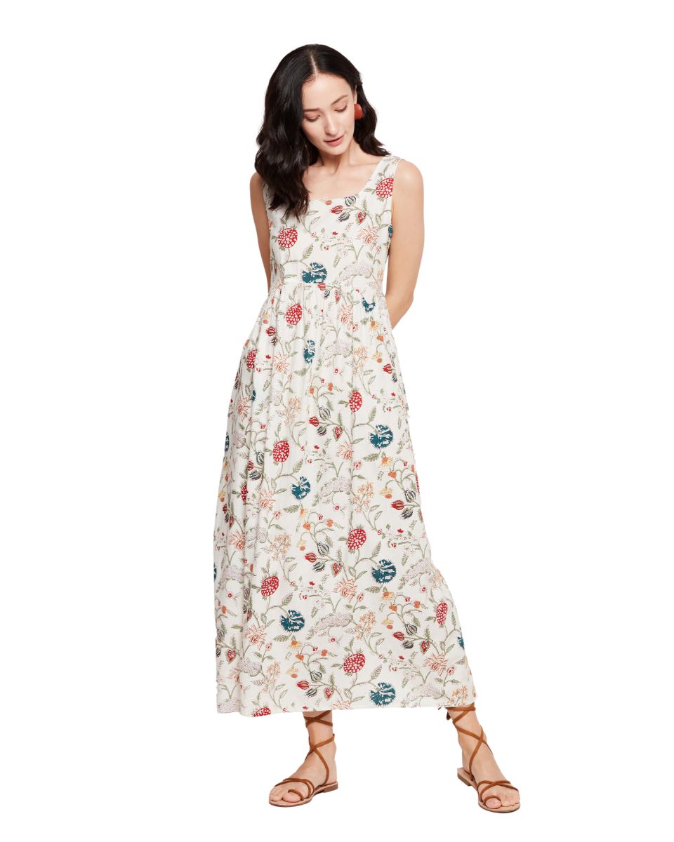 Floral Printed Off-White A line Maxi Length Women Dress