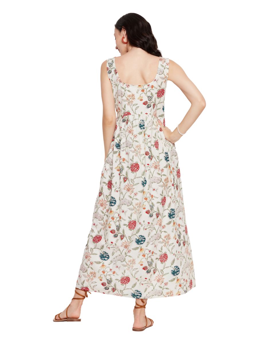 Floral Printed Off-White A line Maxi Length Women Dress