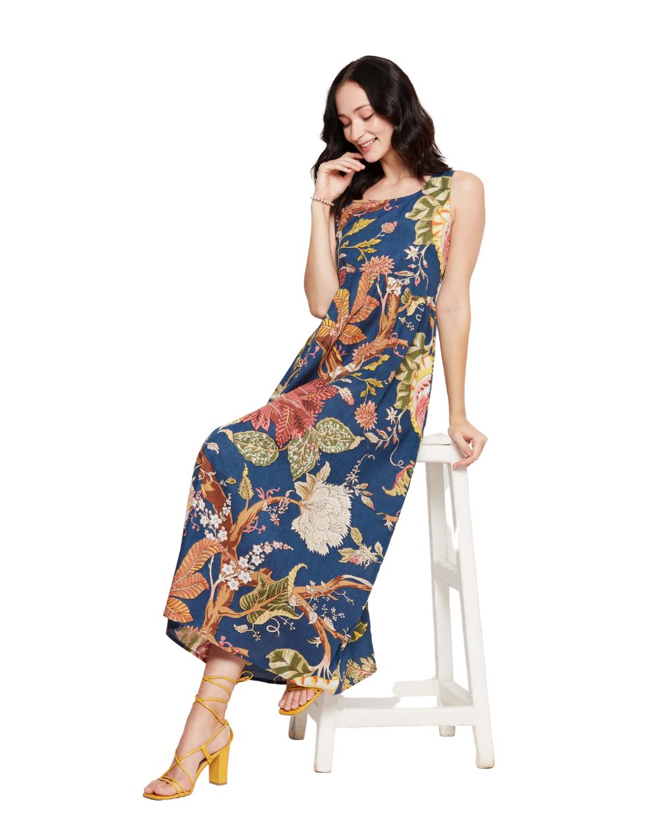 Floral Printed Navy Blue Women Maxi Dress For Party