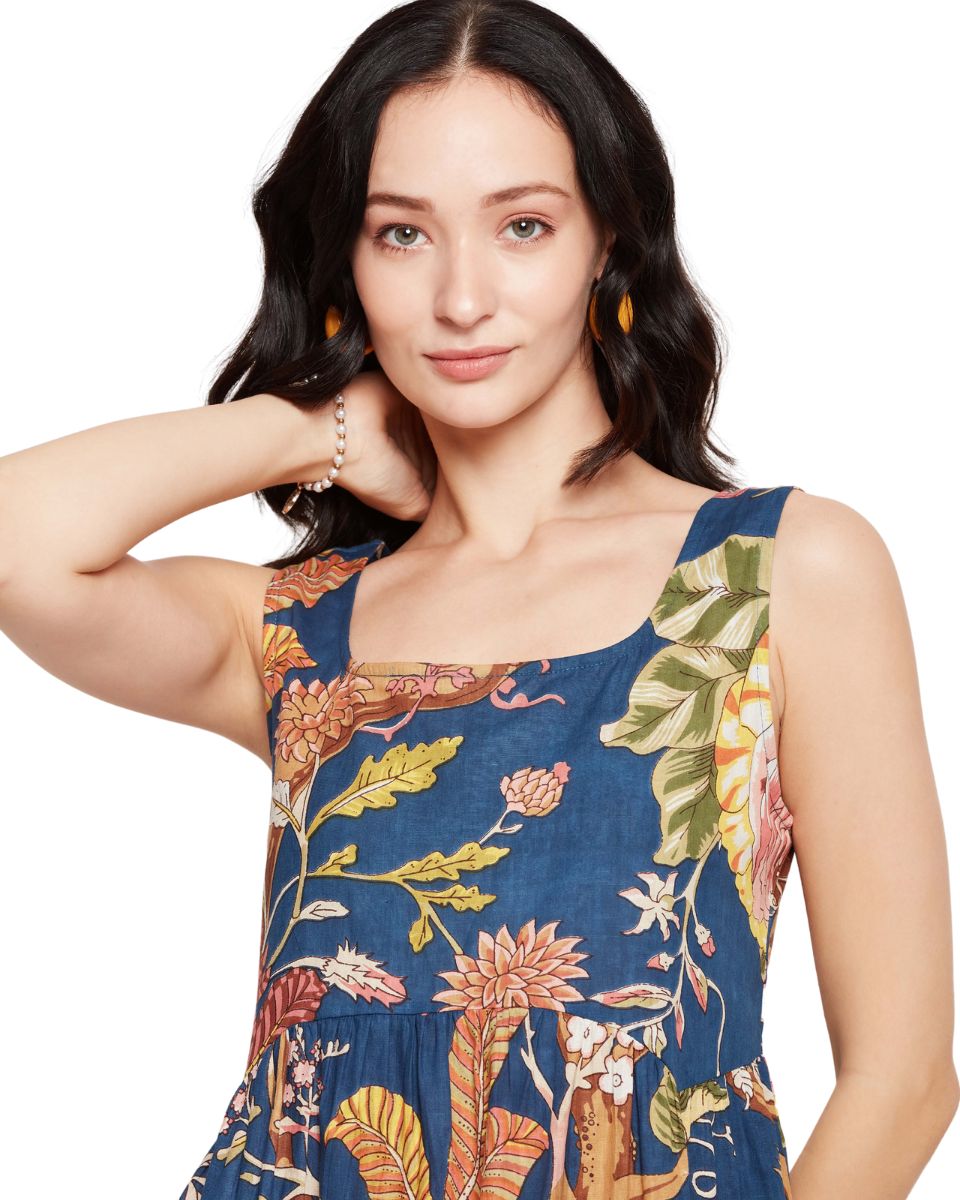 Cotton Floral Printed Navy Blue Women Maxi Dress For Party