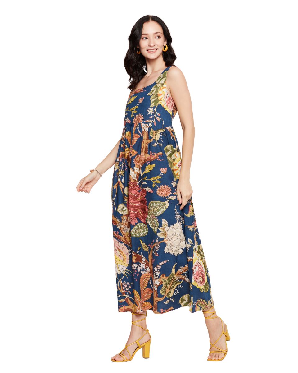 Floral Printed Navy Blue Women Maxi Dress For Party