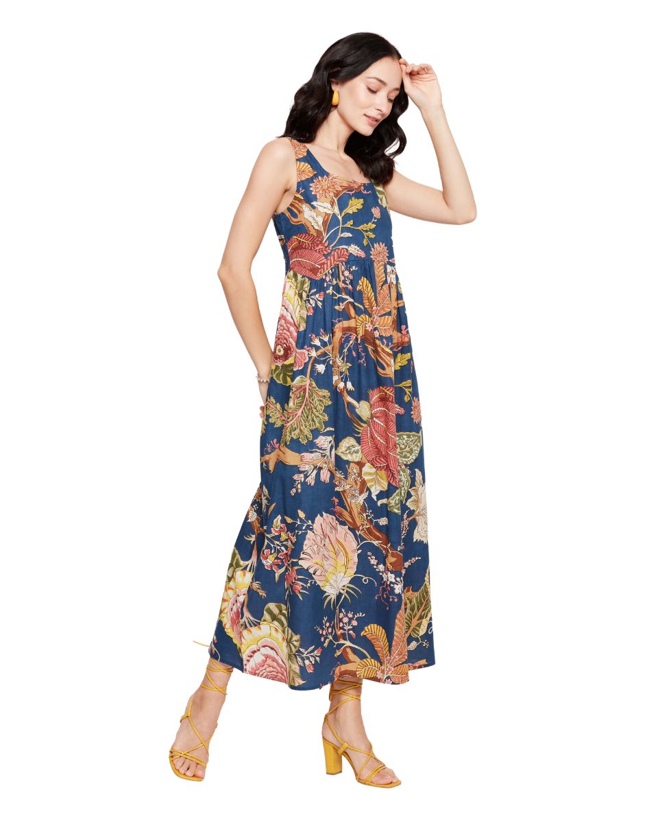 Floral Printed Navy Blue Women Maxi Dress For Party