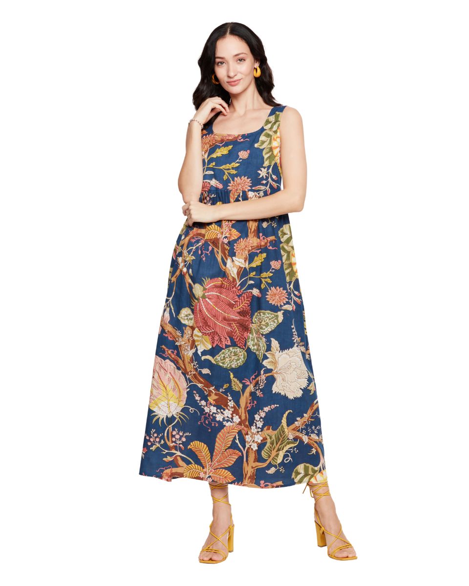 Cotton Floral Printed Navy Blue Women Maxi Dress For Party
