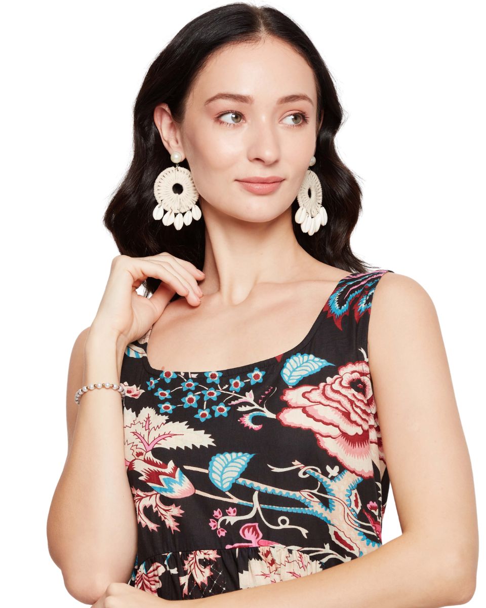 Floral Print Black Boho Maxi Length Dress For Women