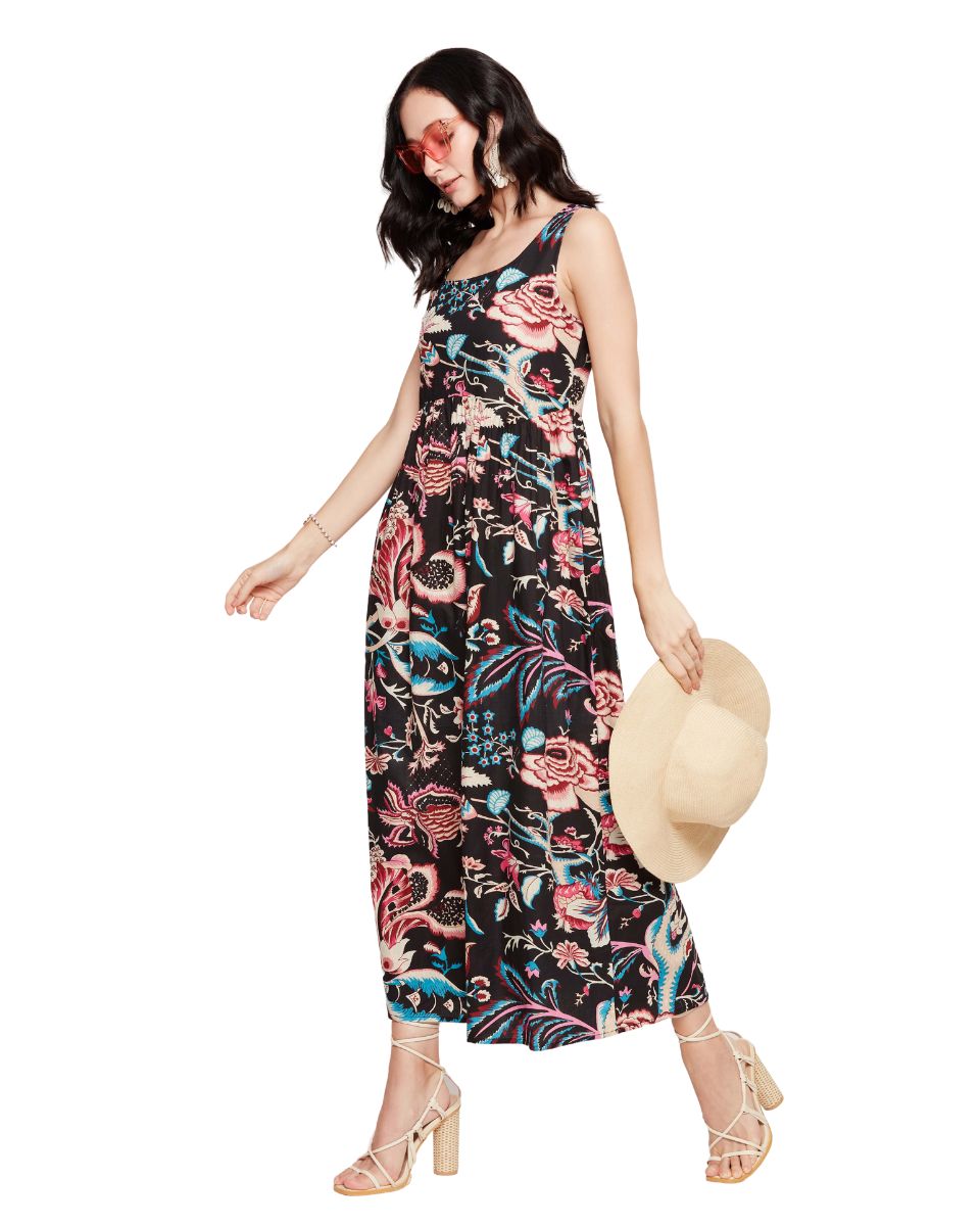 Floral Print Black Boho Maxi Length Dress For Women
