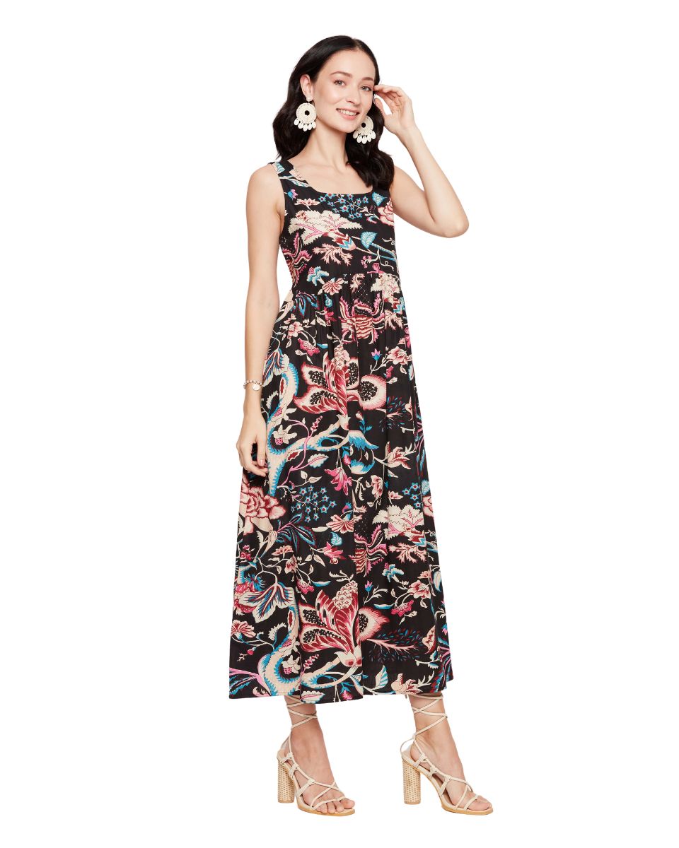 Floral Print Black Boho Maxi Length Dress For Women