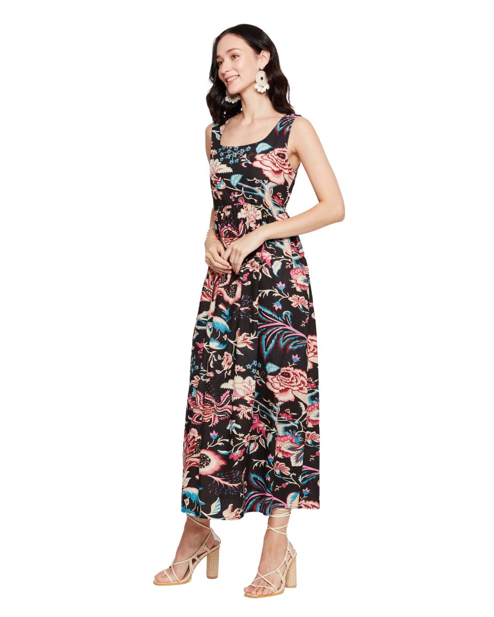 Floral Print Black Boho Maxi Length Dress For Women