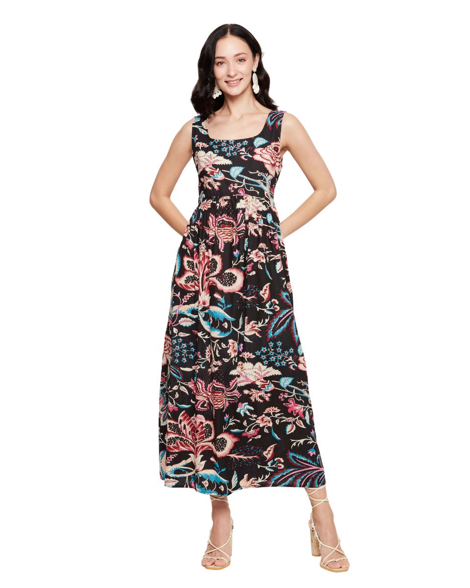 Floral Print Black Boho Maxi Length Dress For Women