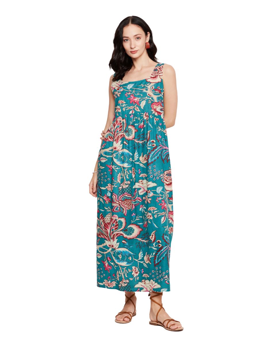 Turquoise Women Floral Maxi Dress For Beach Party M Turquoise Women Floral Maxi Dress For Beach Party M