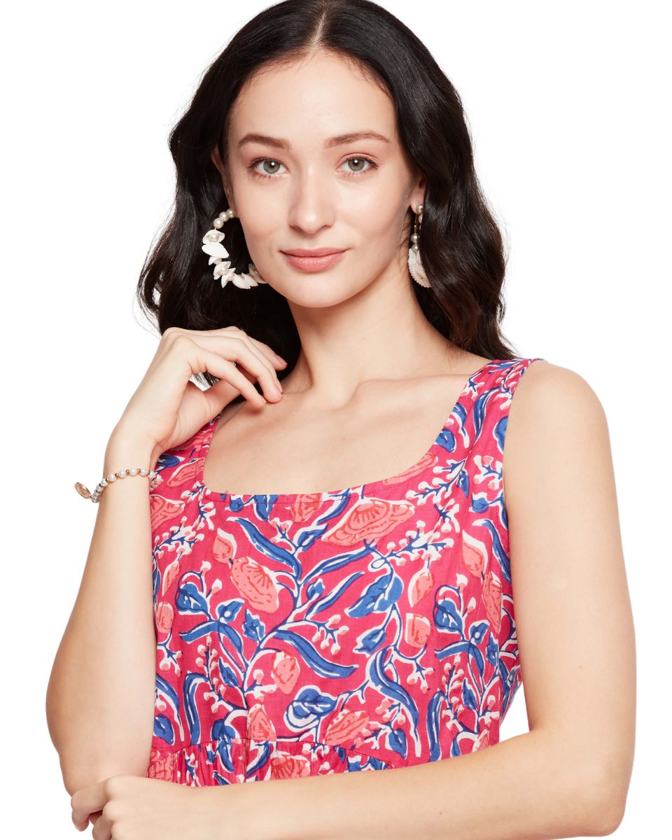 Floral Printed Women Pink Cotton Mini Dress For Holidays