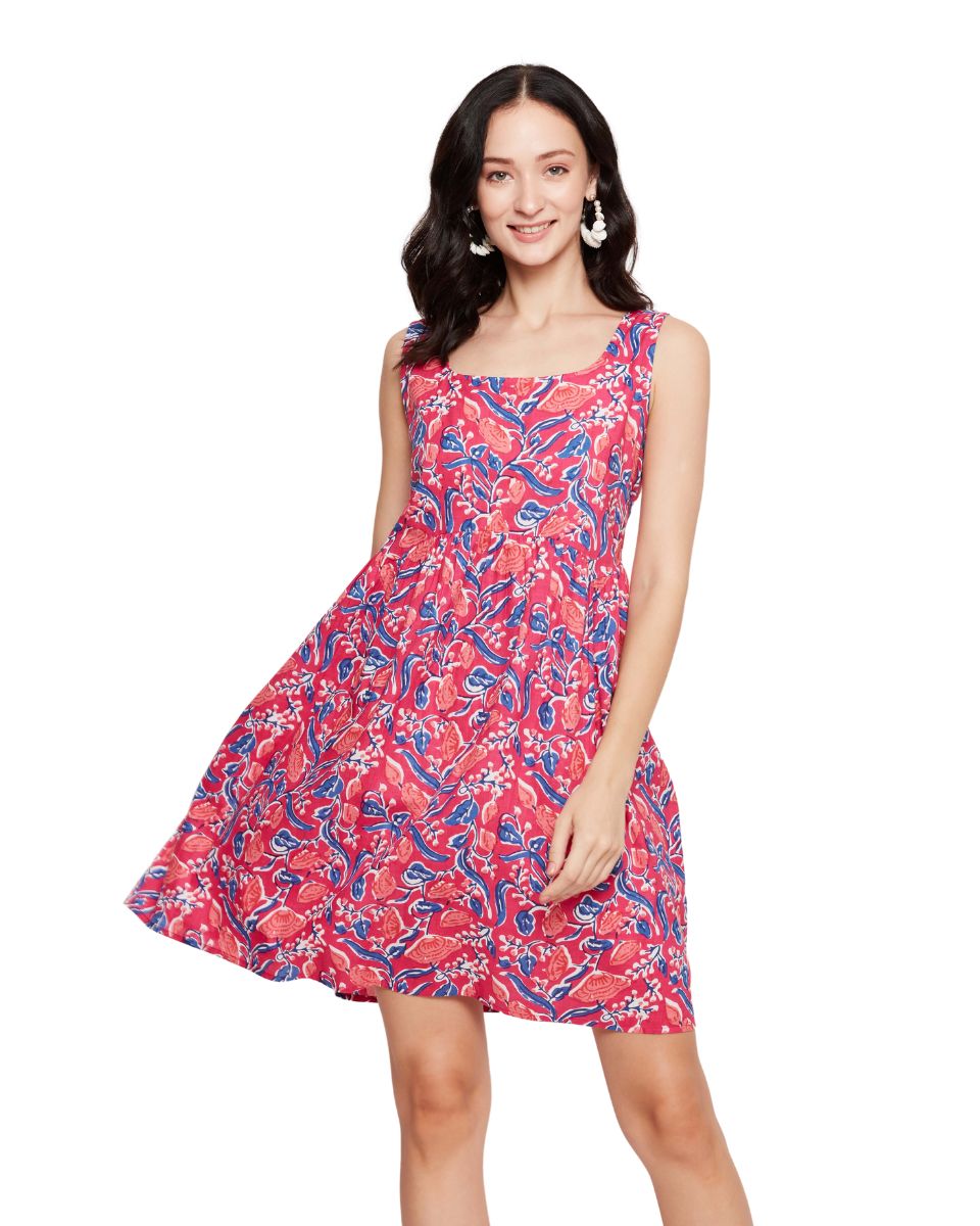 Floral Printed Women Pink Cotton Mini Dress For Holidays