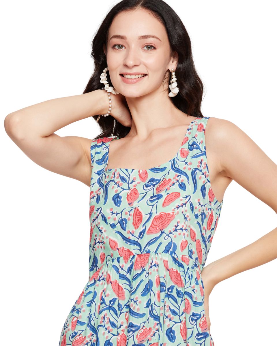 Floral Printed Mint Green A Line Mini Dress For Women