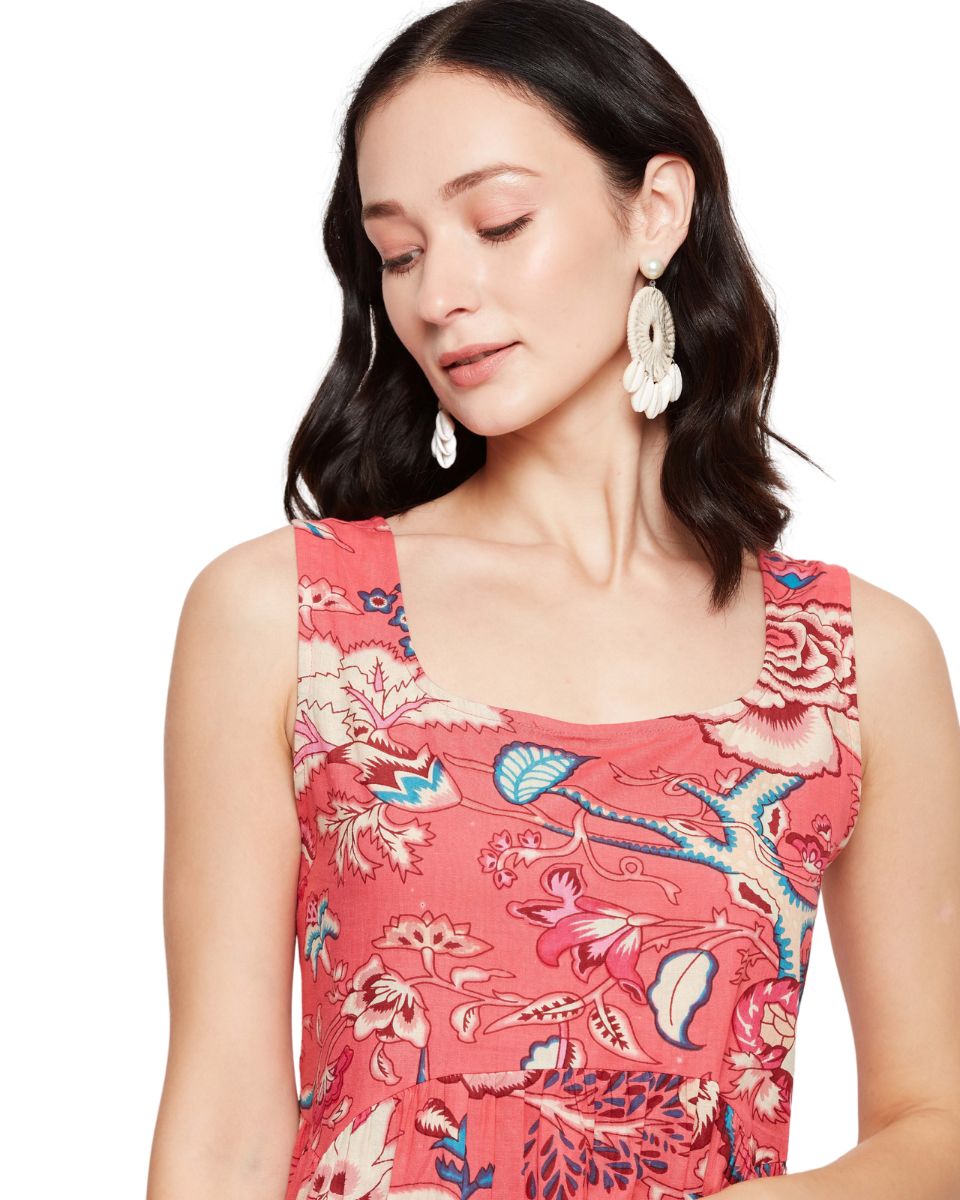 Floral Print Cotton Rose Pink Flared Mini Dress For Women