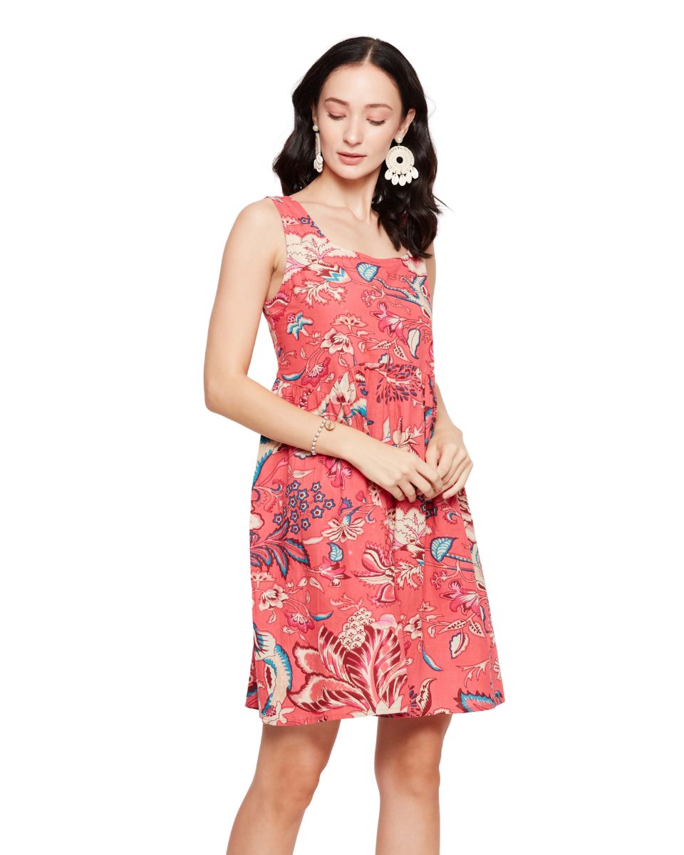 Floral Print Salmon Pink Flared Mini Dress For Women