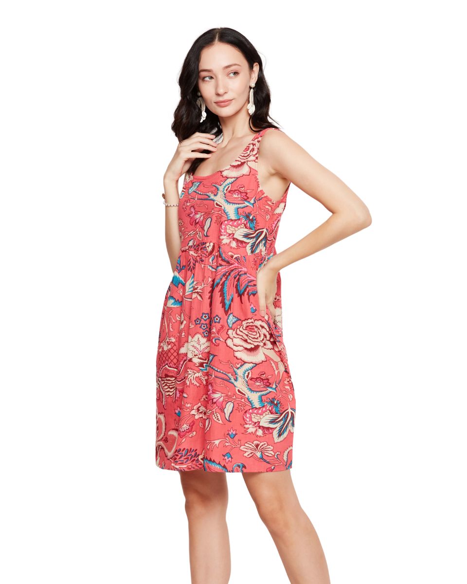 Floral Print Salmon Pink Flared Mini Dress For Women
