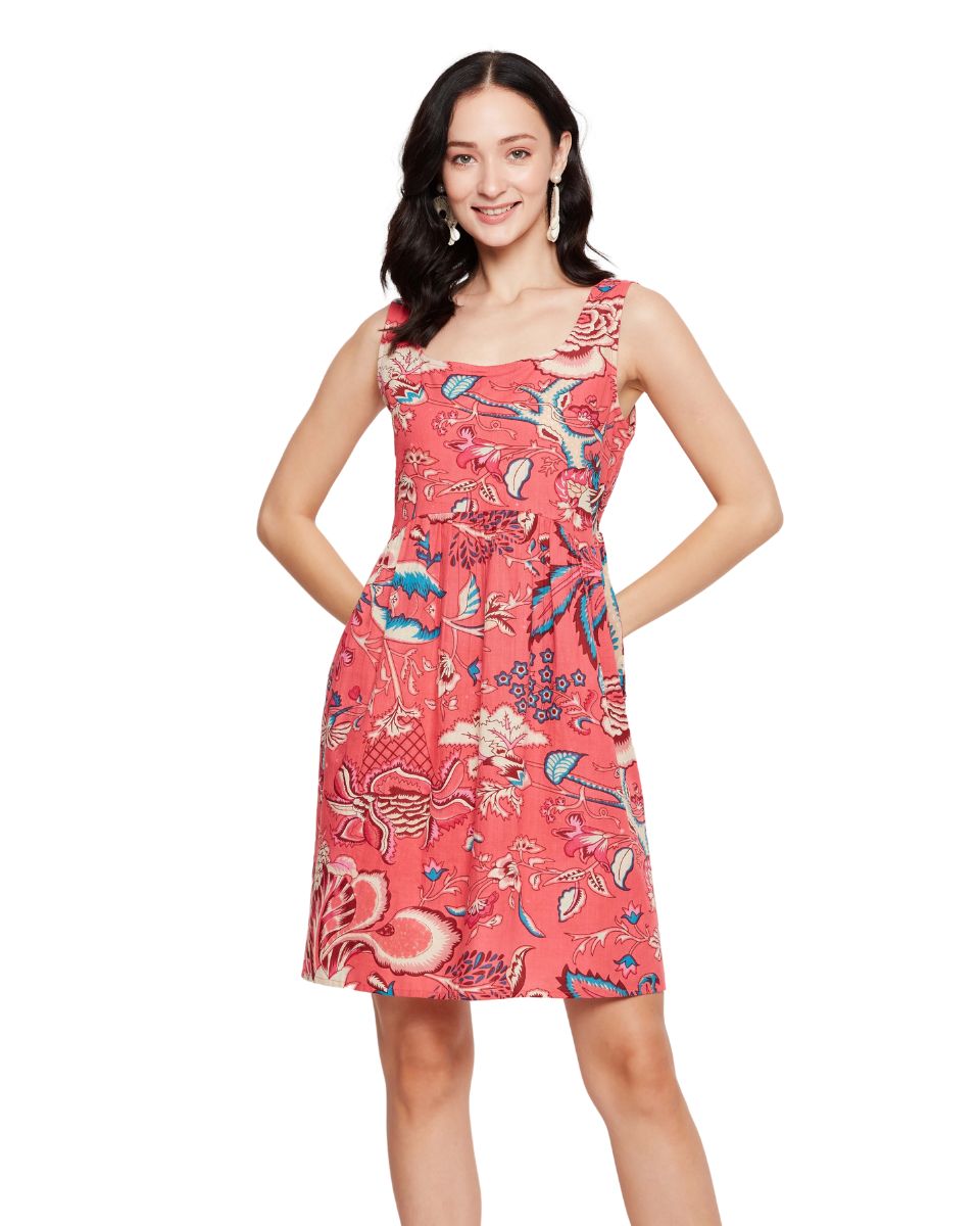 Floral Print Salmon Pink Flared Mini Dress For Women