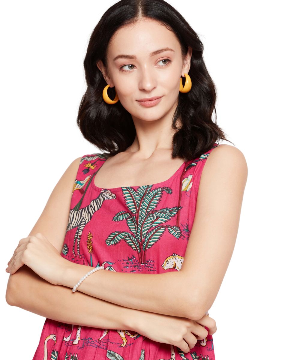 Tropical Printed Pink A line Mini Dress For Women