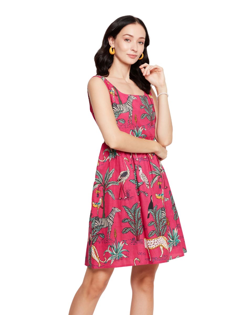Tropical Printed Pink A line Mini Dress For Women