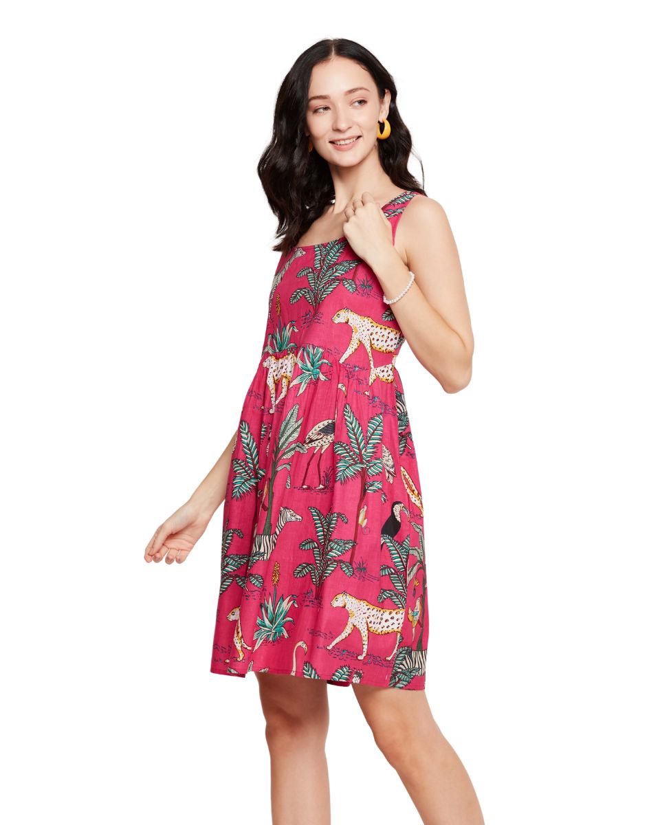 Tropical Printed Cotton Pink A line Mini Dress For Women