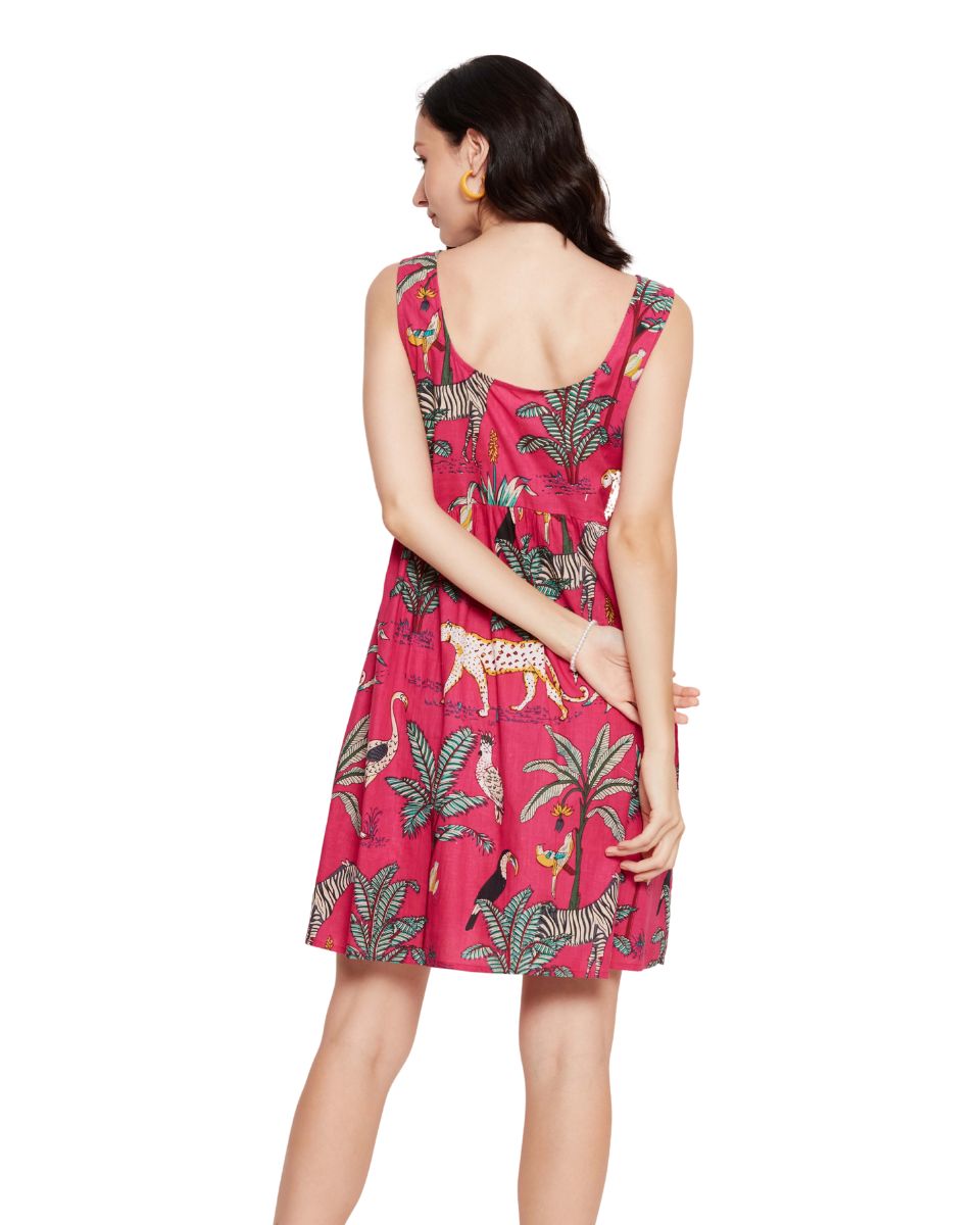 Tropical Printed Pink A line Mini Dress For Women