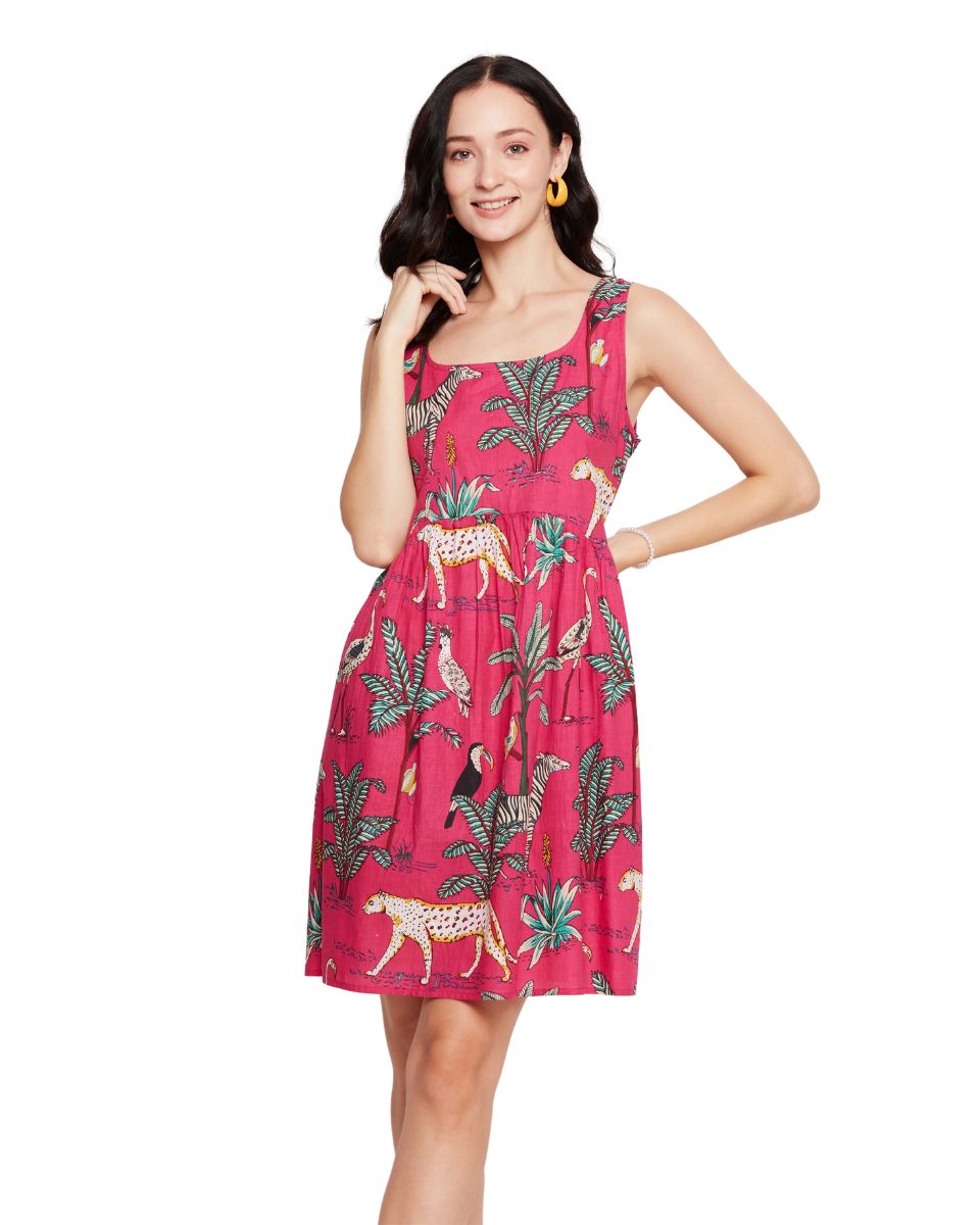 Tropical Printed Pink A line Mini Dress For Women