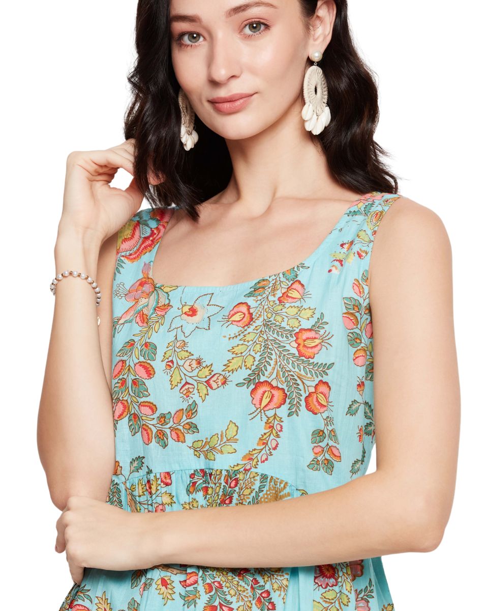 Light Sky Blue Floral Print Women Mini Dress for Beach Party