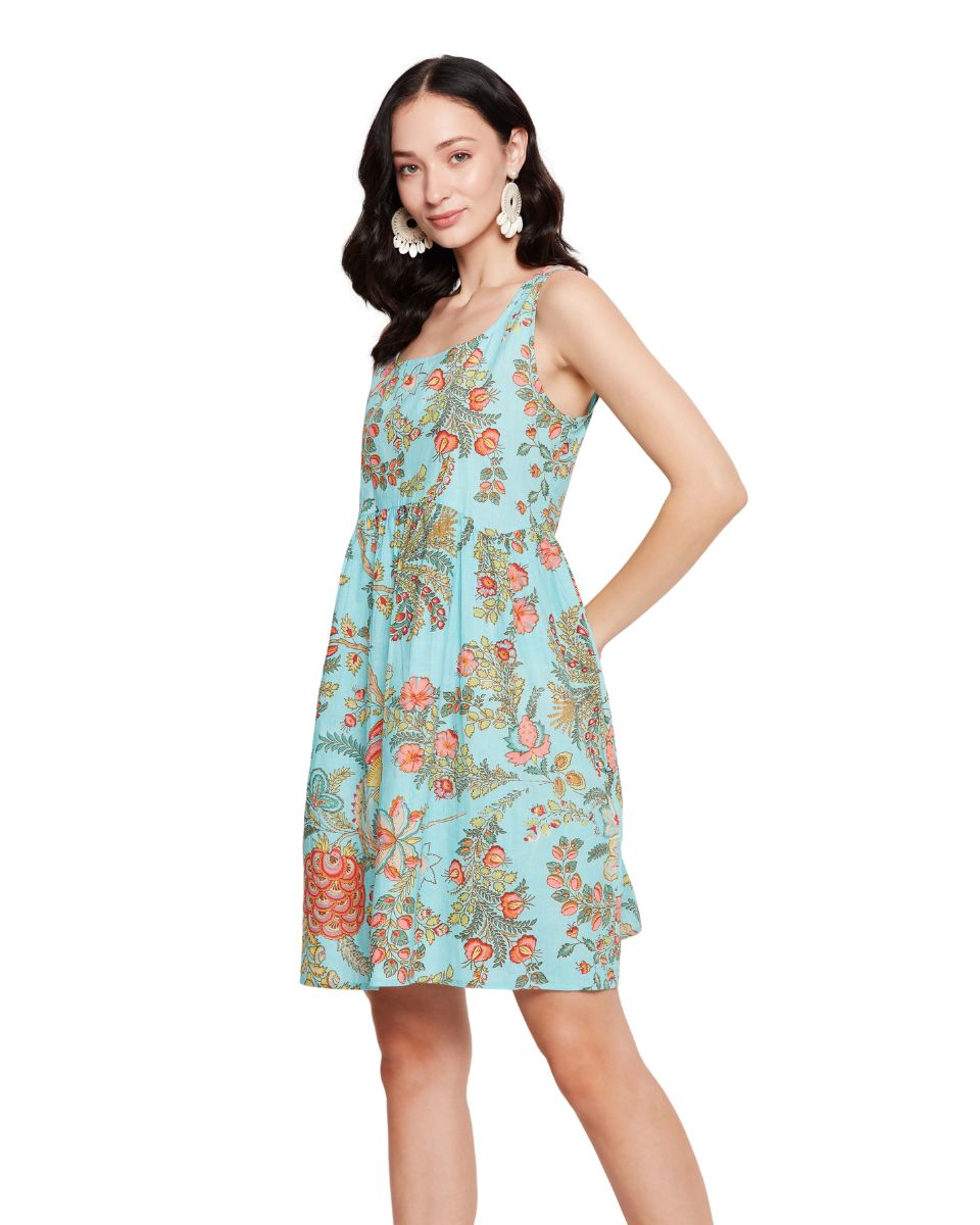 Light Sky Blue Floral Print Women Mini Dress for Beach Party