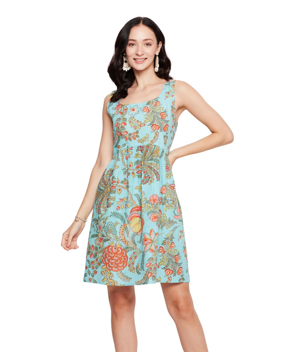 Light Sky Blue Floral Print Women Mini Dress for Beach Party
