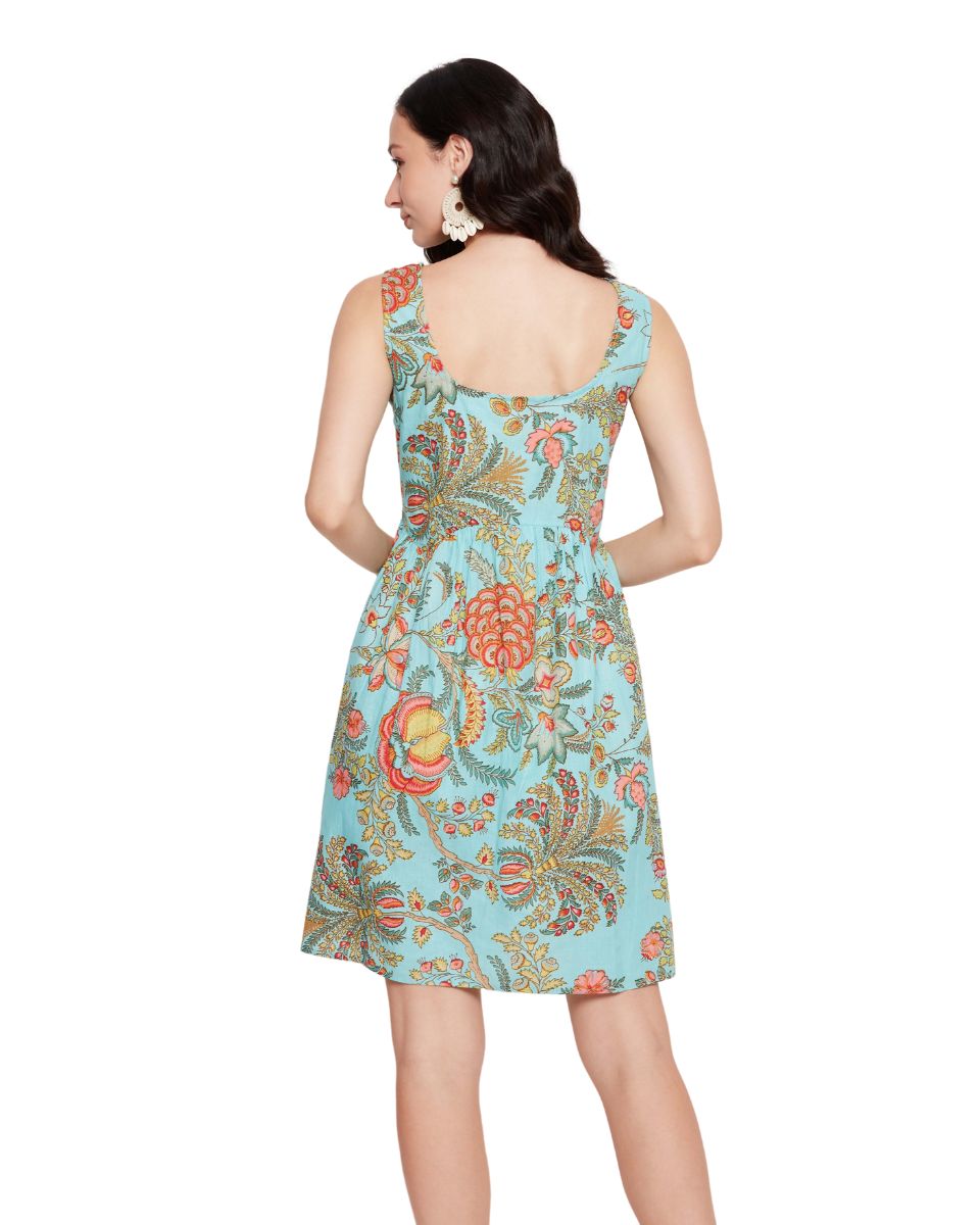 Light Sky Blue Floral Print Women Mini Dress for Beach Party