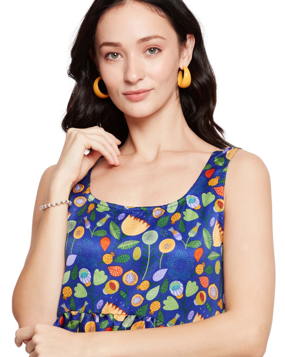 Floral Printed Blue Knee Length Dress for Women