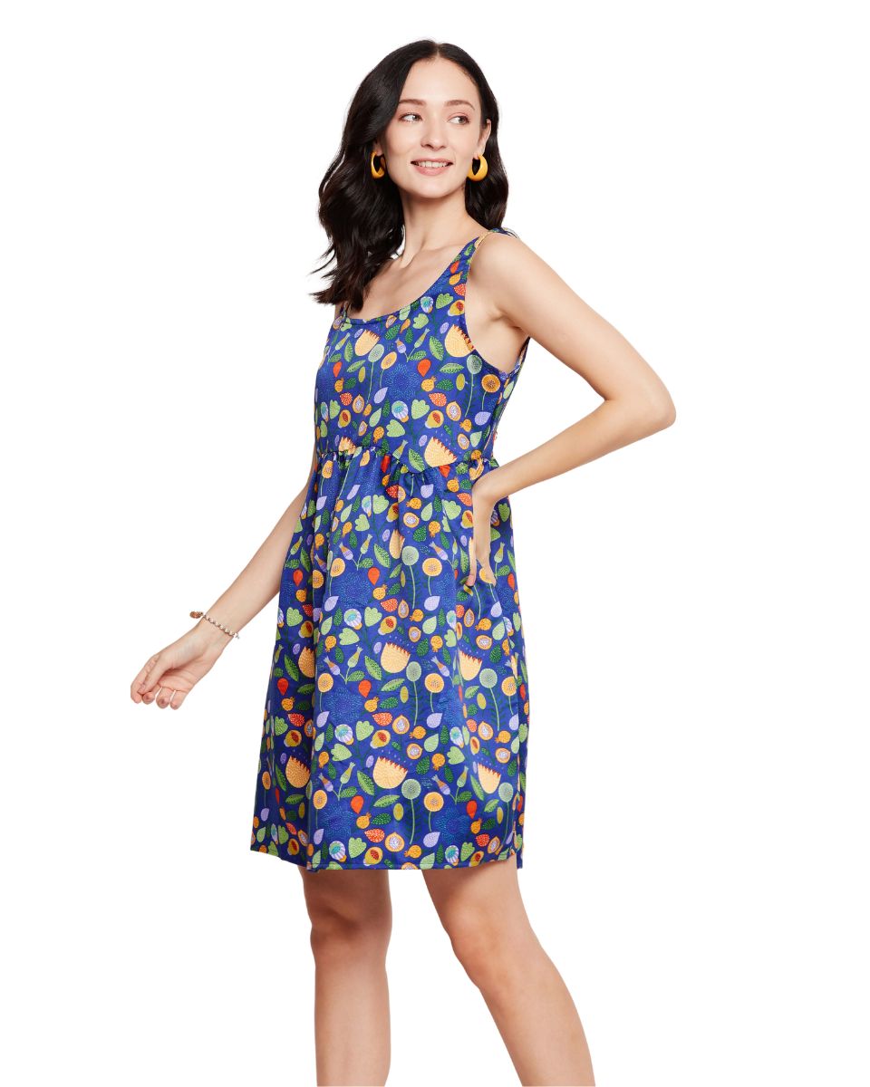 Floral Printed Blue Knee Length Dress for Women