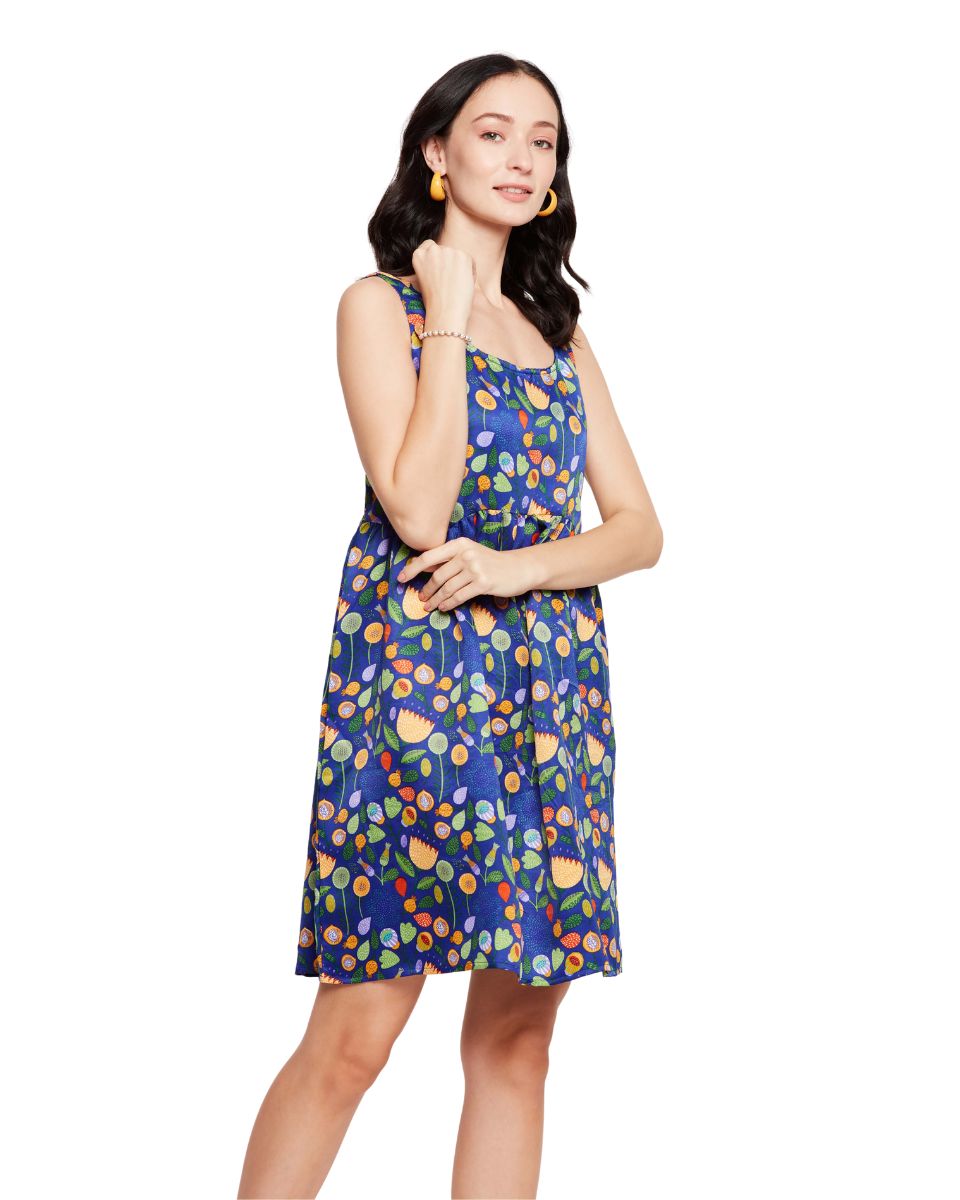 Floral Printed Blue Knee Length Dress for Women