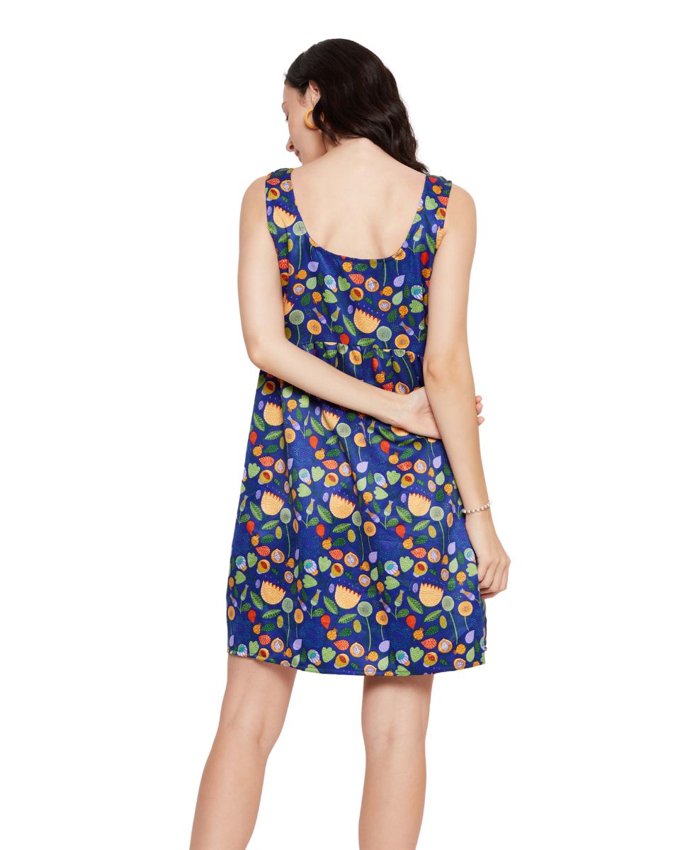 Floral Printed Blue Knee Length Dress for Women