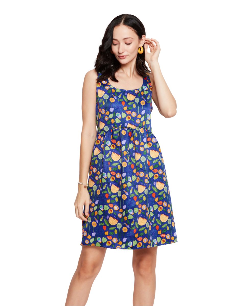 Floral Printed Blue Knee Length Dress for Women