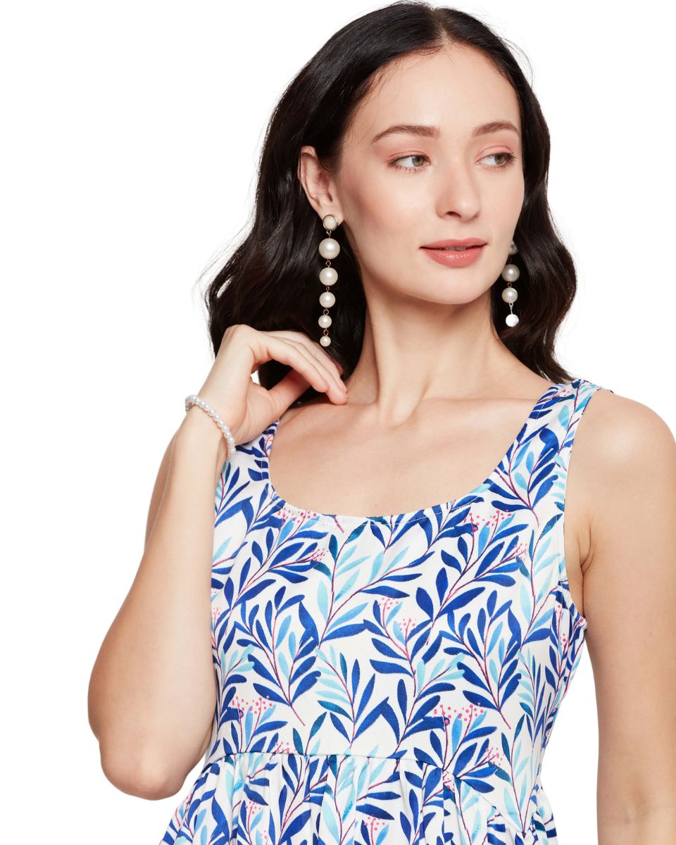 Leaf Printed White and Blue Women Mini Dress for Beach