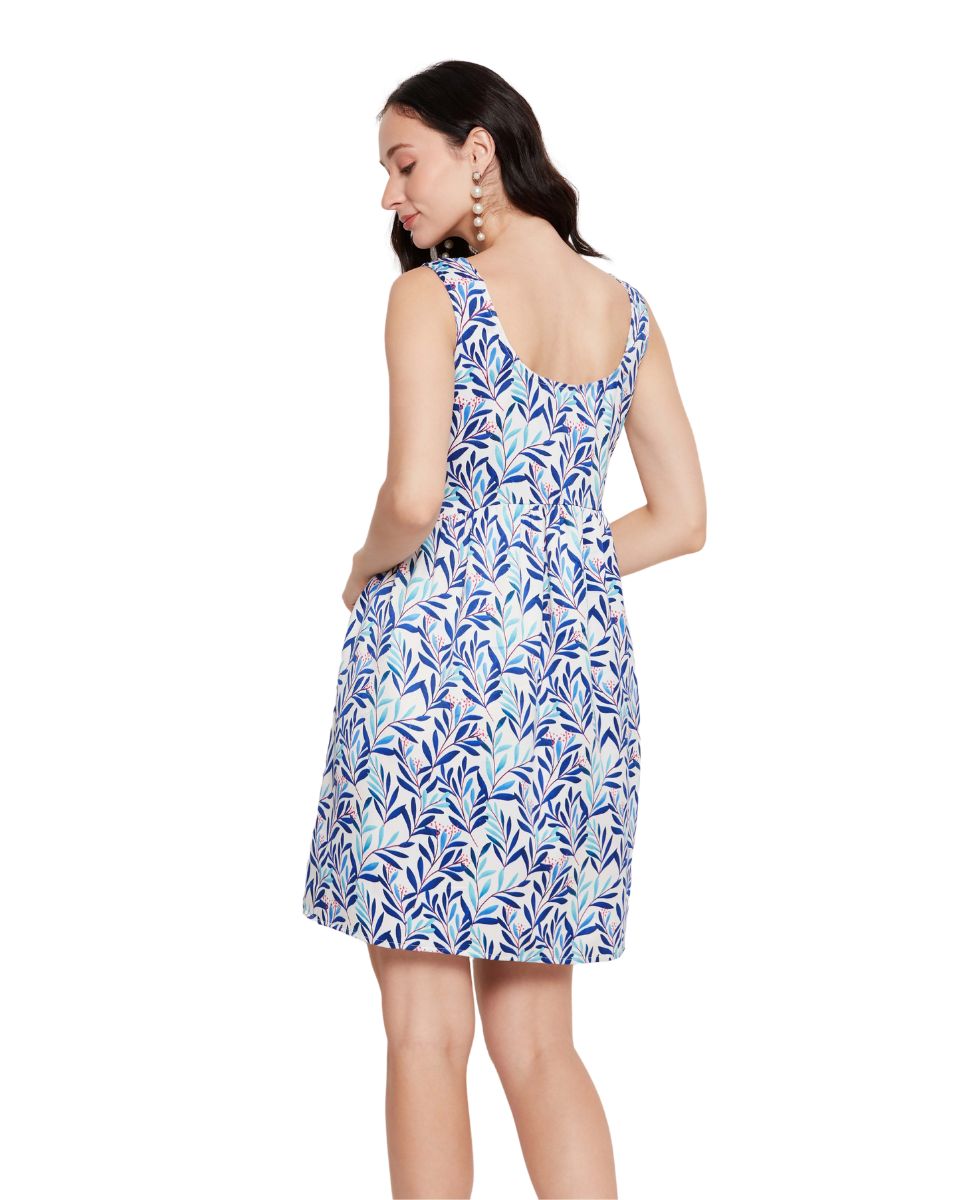 Leaf Printed White and Blue Women Mini Dress for Beach