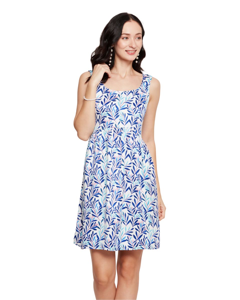 Leaf Printed White and Blue Women Mini Dress for Beach