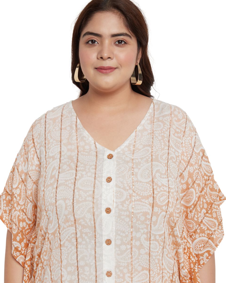 Paisley With Golden Stripe Print Beige Cotton Tunic Top For Women