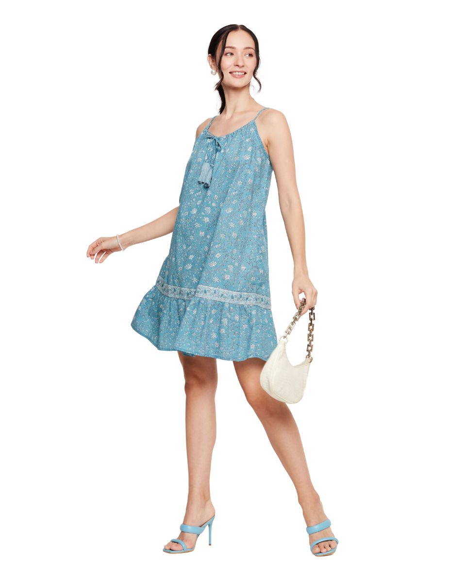 Floral Turquoise Flared Mini Dress for Women