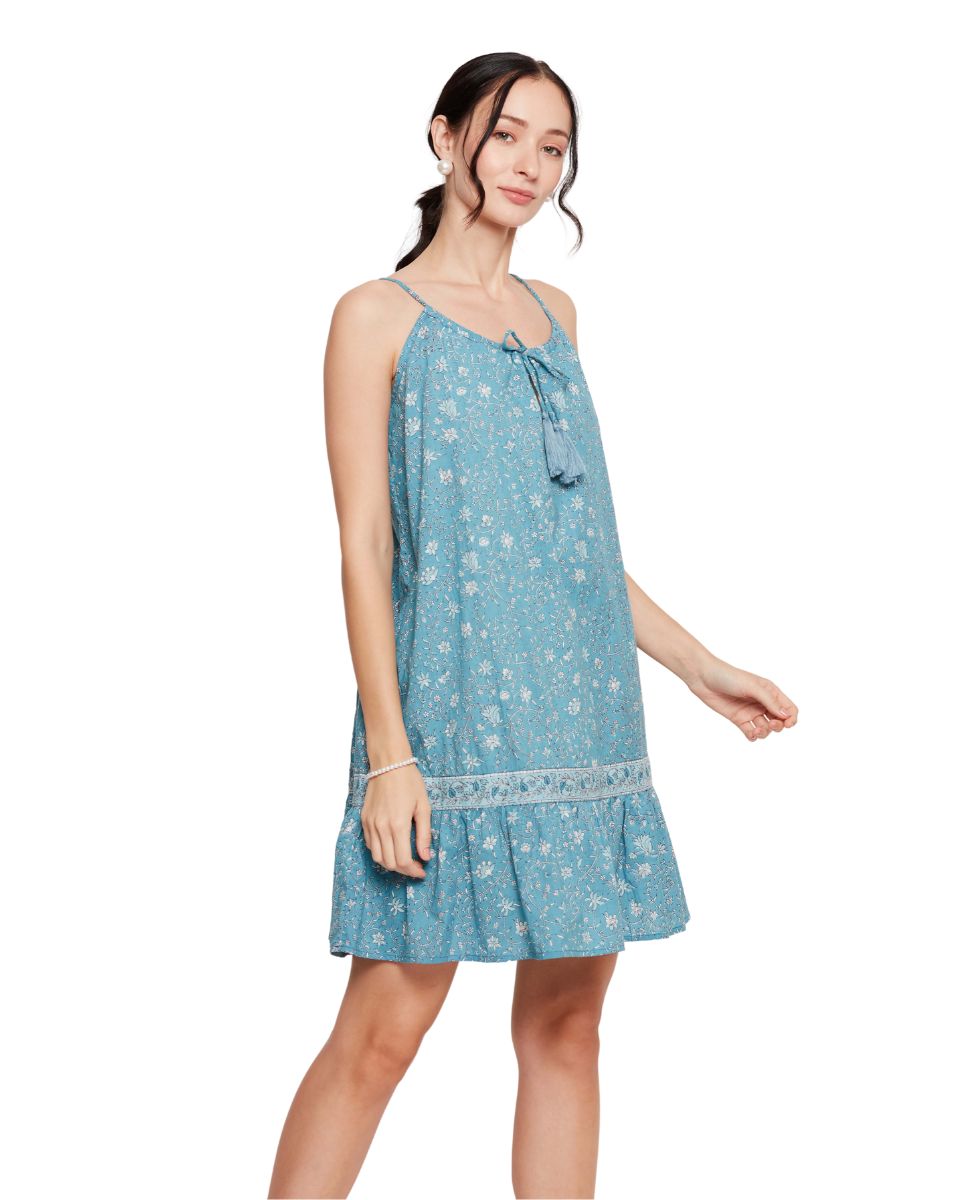 Floral Turquoise Flared Mini Dress for Women
