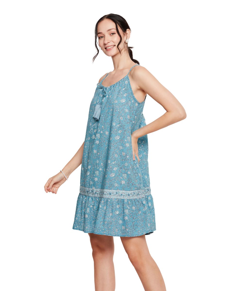 Floral Turquoise Flared Mini Dress for Women